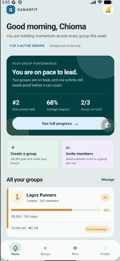 Ganarfit mobile dashboard showing group fitness progress